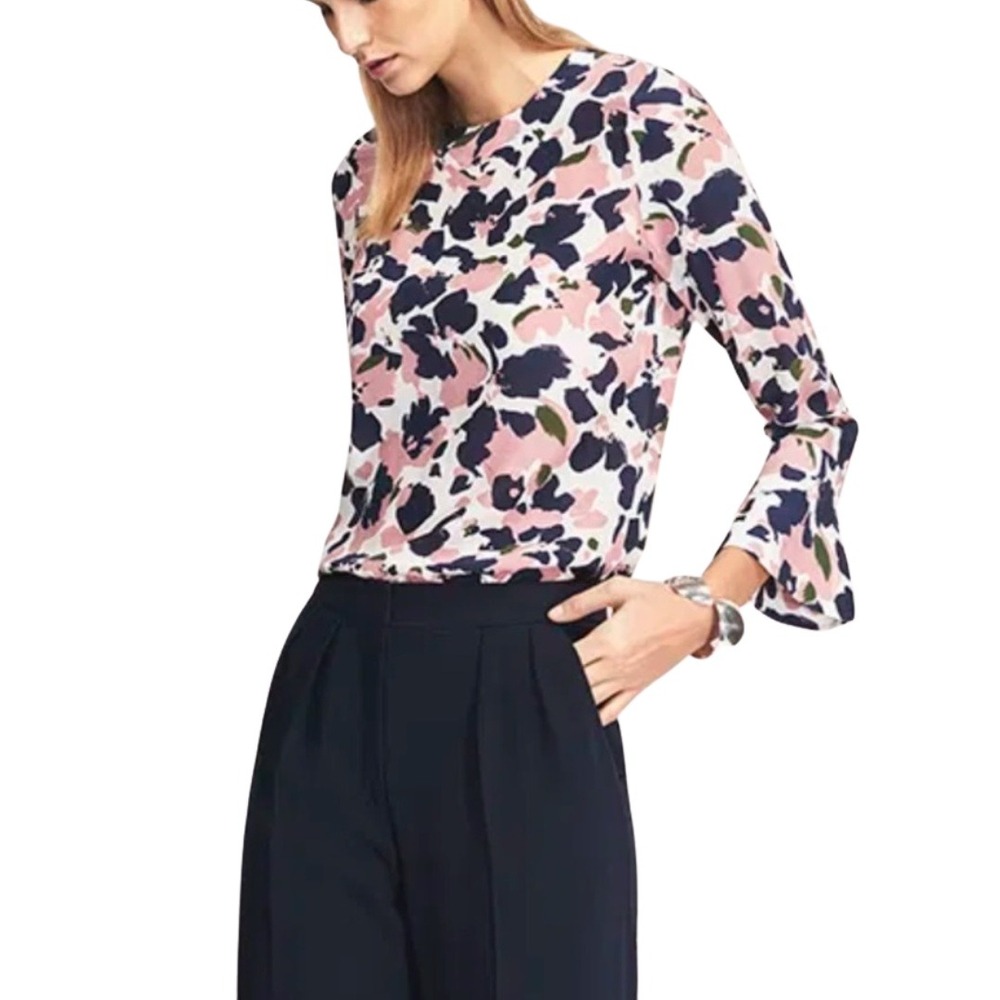 The Fold London Blouse Pink Navy Abstract Floral 100% Silk Blouse Top Size 10